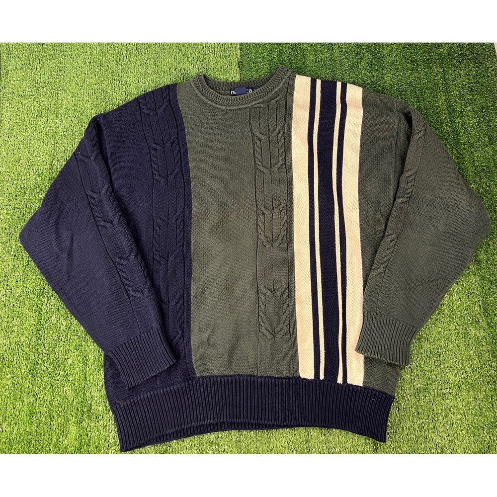 Nautica Vintage Mens Large Colorblock Cable Knit Cotton Sweater Green Navy 90s